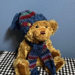 Thomas the Brass ButtonTeddy Bear with Blue Knit Hat and Scarf excellent cond
